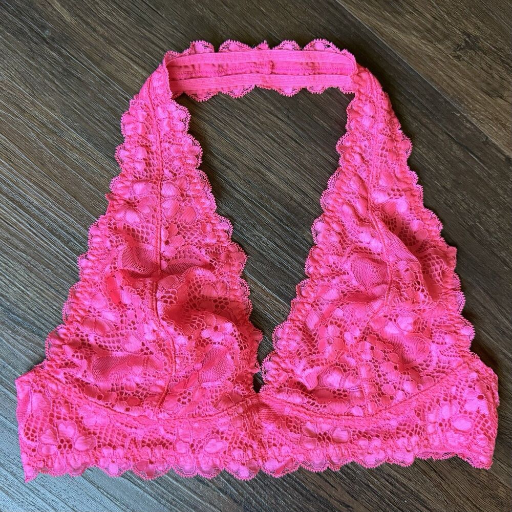 Intimately Free People Galloon Lace Halter Bralette M Stretch Hot Pink W Clasp